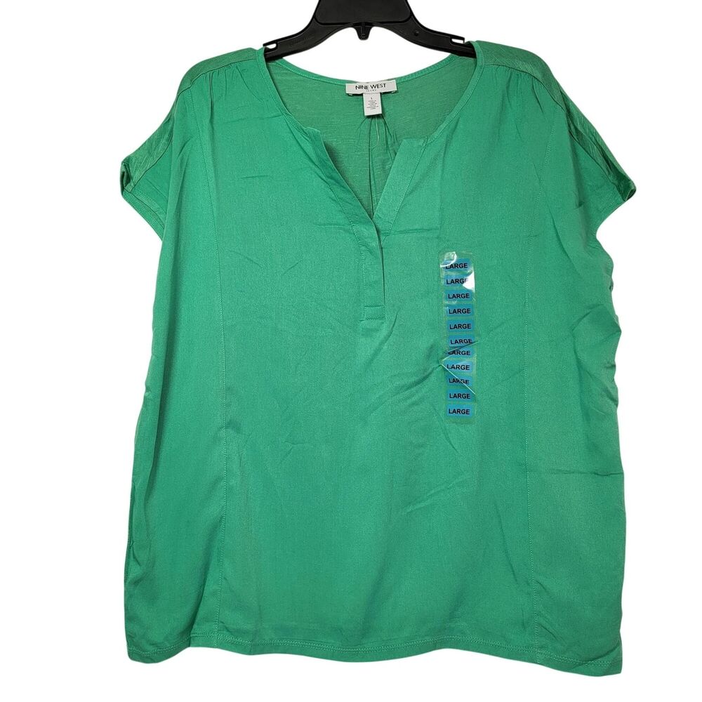 Nine West Women's Cap Sleeve V-Neck Fashion Top Green Spruce Size Large